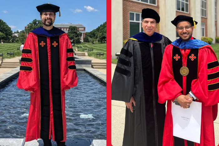 CEEE's 2024 Ph.D. graduates: Ellery Klein (left) and Harsimranjit Singh (right), pictured with his advisor, Michael Ohadi